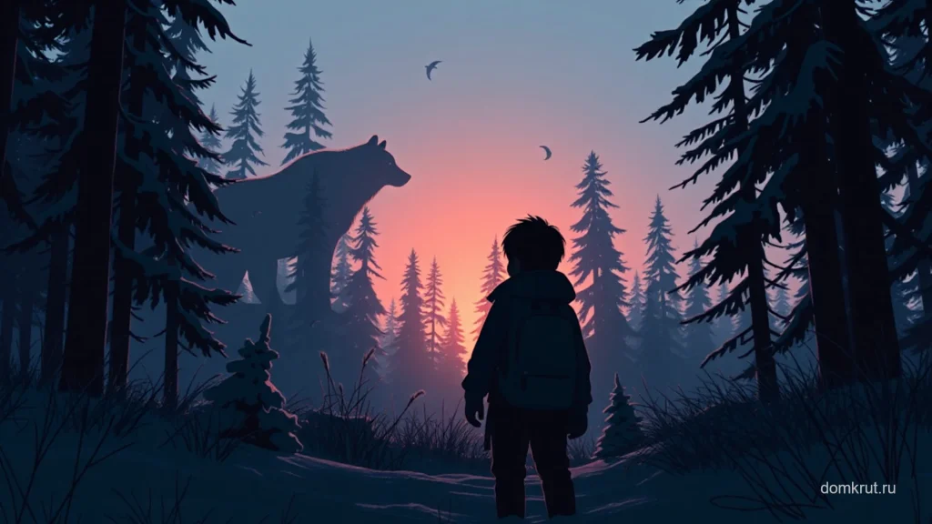 Мальчик в вечернем зимнем лесу